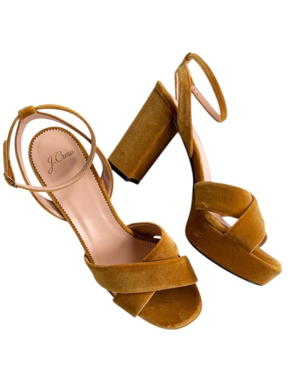 Like New J. Crew Velvet Cross Strap Heeled Platform Sandals Gold Size 9.5